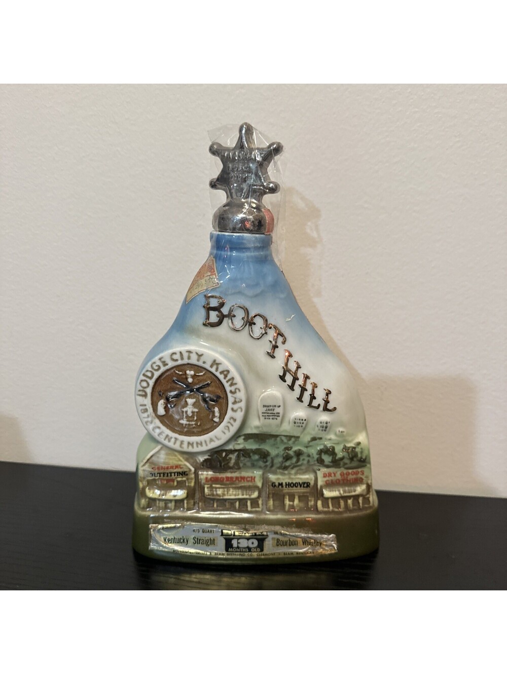 1972 Jim Beam Whiskey Boot Hill, Dodge City, Kansas Decanter With Topper Empty
